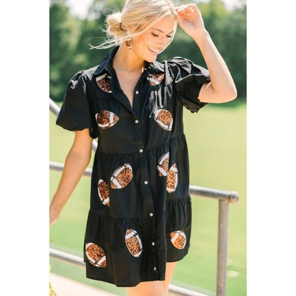Touchdown Queen Gameday Poplin Button Down Football Dress in Black - Picture 3 of 9